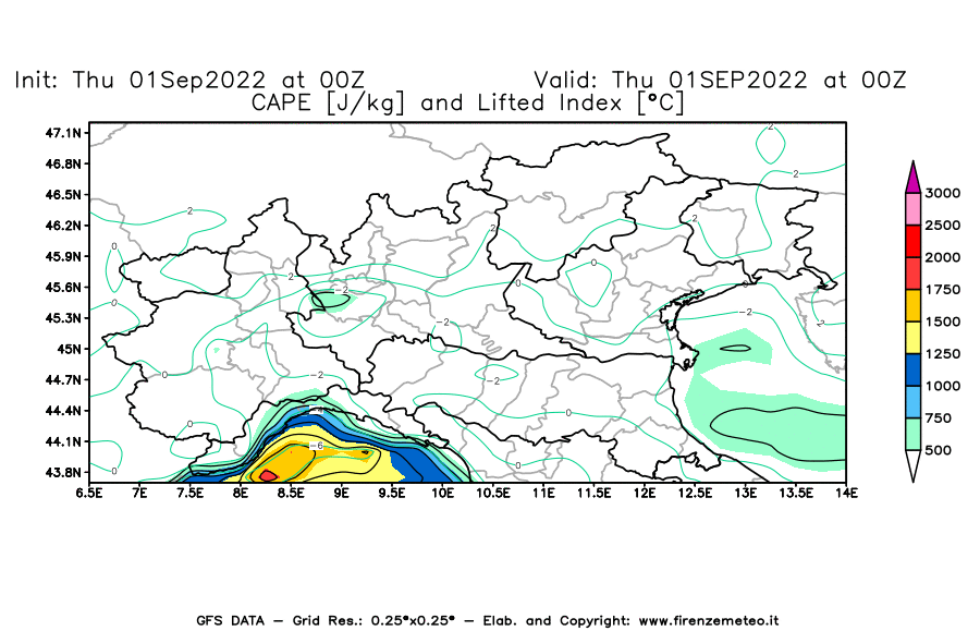 GFS analysi map - CAPE [J/kg] and Lifted Index [°C] in Northern Italy
									on 01/09/2022 00 <!--googleoff: index-->UTC<!--googleon: index-->
