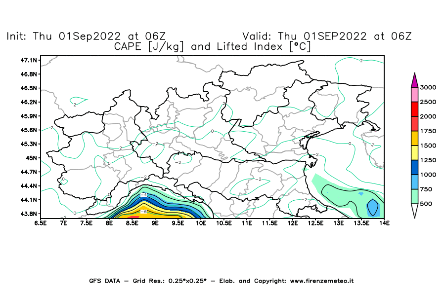 Mappa di analisi GFS - CAPE [J/kg] e Lifted Index [°C] in Nord-Italia
							del 01/09/2022 06 <!--googleoff: index-->UTC<!--googleon: index-->