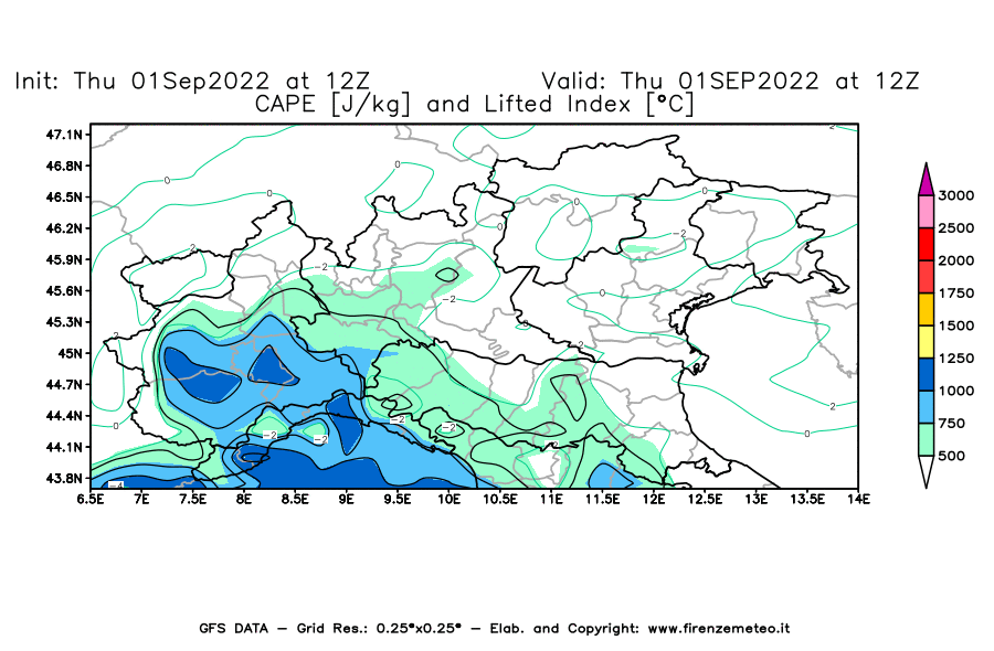 GFS analysi map - CAPE [J/kg] and Lifted Index [°C] in Northern Italy
									on 01/09/2022 12 <!--googleoff: index-->UTC<!--googleon: index-->