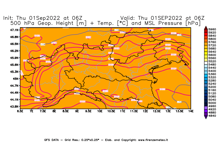 Mappa di analisi GFS - Geopotenziale [m] + Temp. [°C] a 500 hPa + Press. a livello del mare [hPa] in Nord-Italia
							del 01/09/2022 06 <!--googleoff: index-->UTC<!--googleon: index-->
