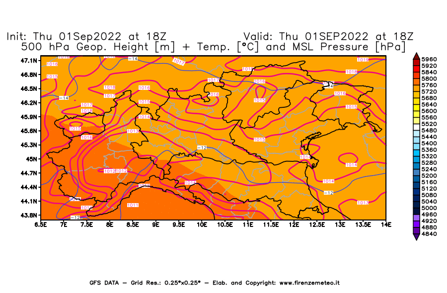 Mappa di analisi GFS - Geopotenziale [m] + Temp. [°C] a 500 hPa + Press. a livello del mare [hPa] in Nord-Italia
							del 01/09/2022 18 <!--googleoff: index-->UTC<!--googleon: index-->