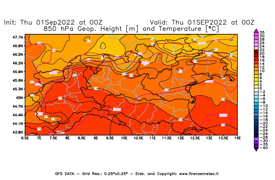 Mappa di analisi GFS - Geopotenziale [m] e Temperatura [°C] a 850 hPa in Nord-Italia
							del 01/09/2022 00 <!--googleoff: index-->UTC<!--googleon: index-->