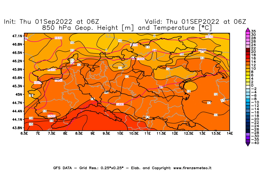 Mappa di analisi GFS - Geopotenziale [m] e Temperatura [°C] a 850 hPa in Nord-Italia
							del 01/09/2022 06 <!--googleoff: index-->UTC<!--googleon: index-->