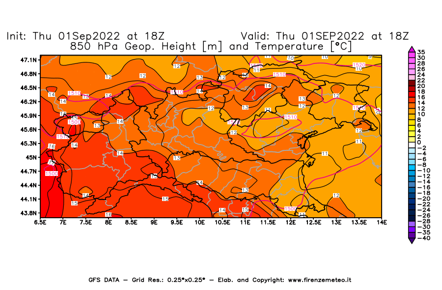 Mappa di analisi GFS - Geopotenziale [m] e Temperatura [°C] a 850 hPa in Nord-Italia
							del 01/09/2022 18 <!--googleoff: index-->UTC<!--googleon: index-->