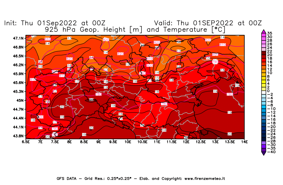 Mappa di analisi GFS - Geopotenziale [m] e Temperatura [°C] a 925 hPa in Nord-Italia
							del 01/09/2022 00 <!--googleoff: index-->UTC<!--googleon: index-->