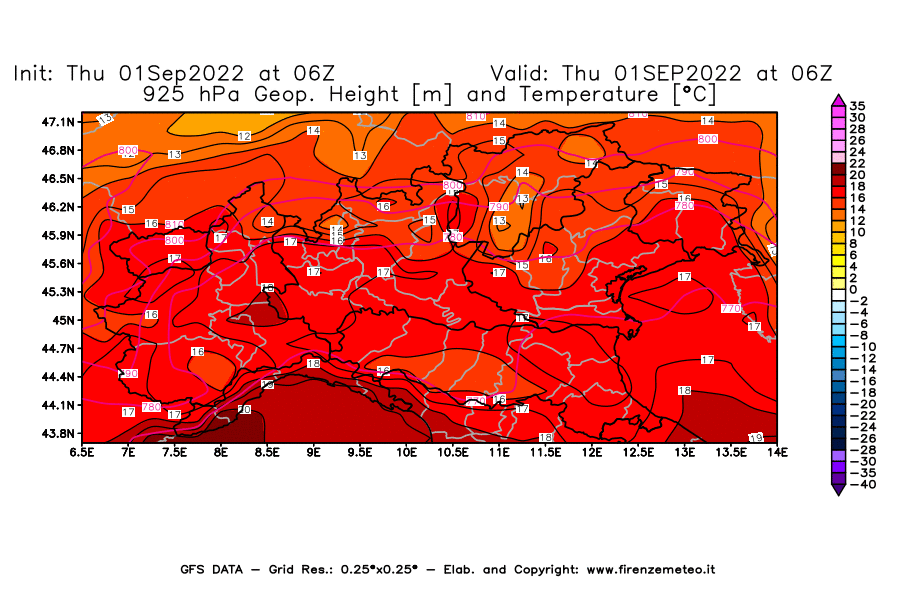 Mappa di analisi GFS - Geopotenziale [m] e Temperatura [°C] a 925 hPa in Nord-Italia
							del 01/09/2022 06 <!--googleoff: index-->UTC<!--googleon: index-->