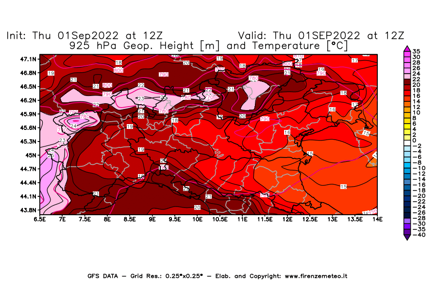 Mappa di analisi GFS - Geopotenziale [m] e Temperatura [°C] a 925 hPa in Nord-Italia
							del 01/09/2022 12 <!--googleoff: index-->UTC<!--googleon: index-->