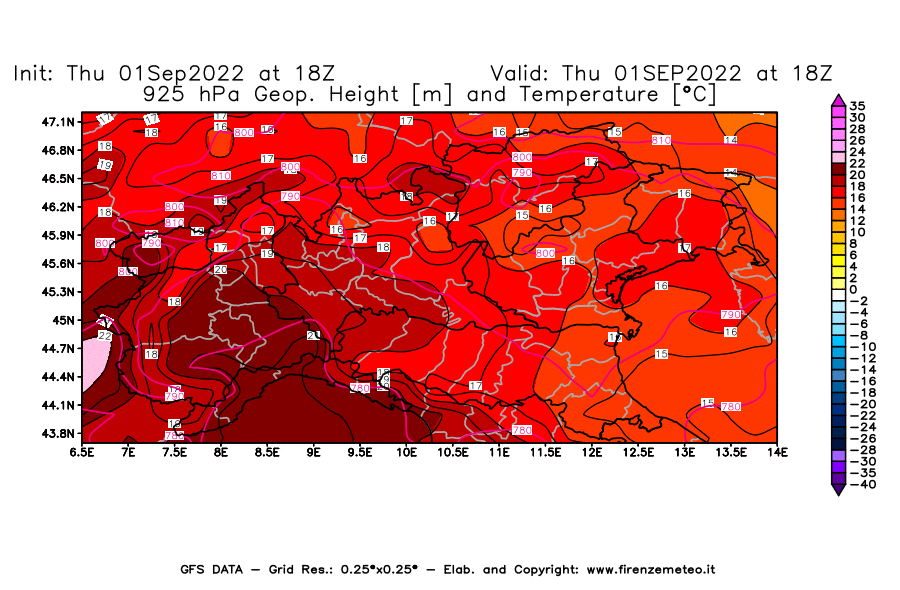 Mappa di analisi GFS - Geopotenziale [m] e Temperatura [°C] a 925 hPa in Nord-Italia
							del 01/09/2022 18 <!--googleoff: index-->UTC<!--googleon: index-->