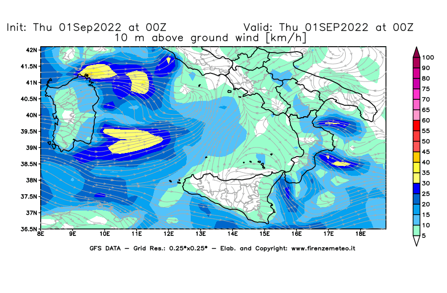 Mappa di analisi GFS - Velocità del vento a 10 metri dal suolo [km/h] in Sud-Italia
							del 01/09/2022 00 <!--googleoff: index-->UTC<!--googleon: index-->
