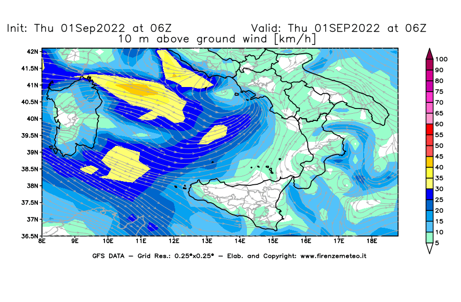 GFS analysi map - Wind Speed at 10 m above ground [km/h] in Southern Italy
									on 01/09/2022 06 <!--googleoff: index-->UTC<!--googleon: index-->