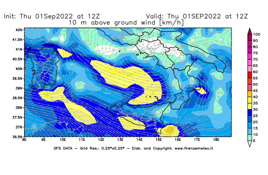 GFS analysi map - Wind Speed at 10 m above ground [km/h] in Southern Italy
									on 01/09/2022 12 <!--googleoff: index-->UTC<!--googleon: index-->