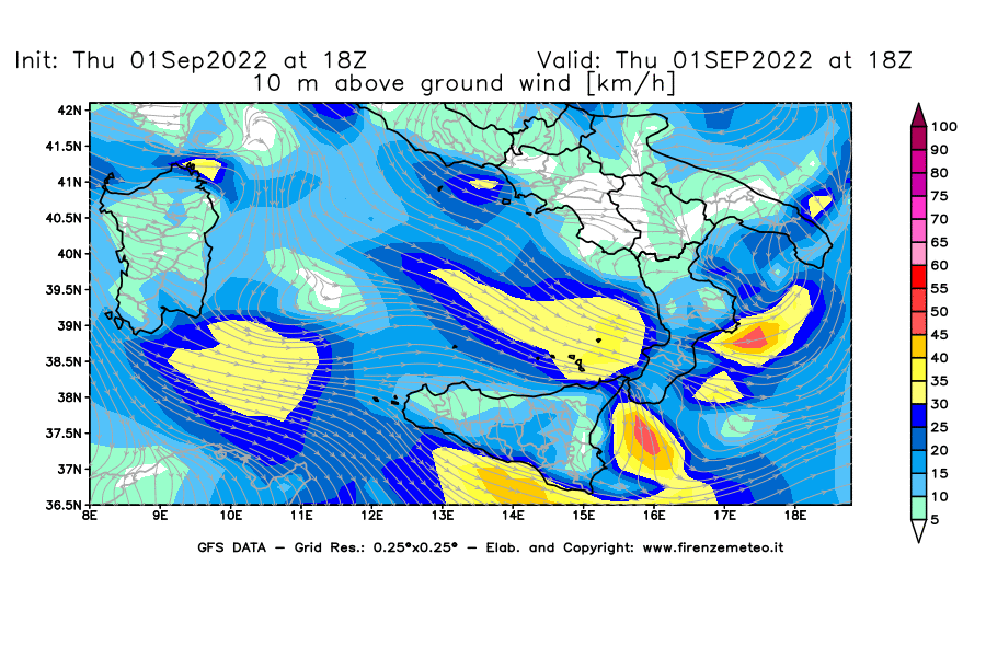 Mappa di analisi GFS - Velocità del vento a 10 metri dal suolo [km/h] in Sud-Italia
							del 01/09/2022 18 <!--googleoff: index-->UTC<!--googleon: index-->
