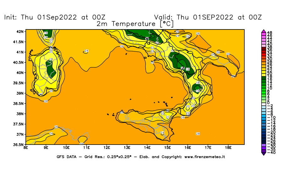 GFS analysi map - Temperature at 2 m above ground [°C] in Southern Italy
									on 01/09/2022 00 <!--googleoff: index-->UTC<!--googleon: index-->
