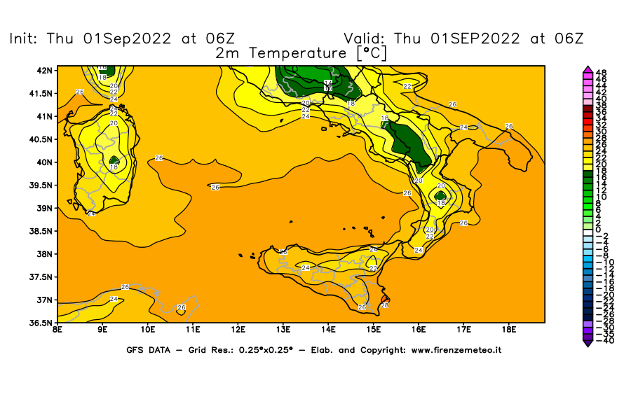 Mappa di analisi GFS - Temperatura a 2 metri dal suolo [°C] in Sud-Italia
							del 01/09/2022 06 <!--googleoff: index-->UTC<!--googleon: index-->