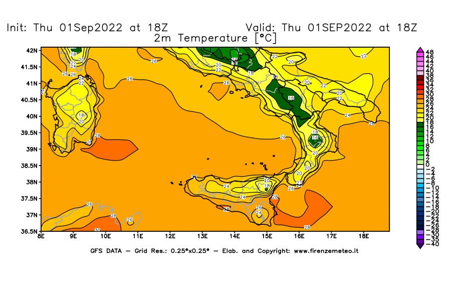 GFS analysi map - Temperature at 2 m above ground [°C] in Southern Italy
									on 01/09/2022 18 <!--googleoff: index-->UTC<!--googleon: index-->