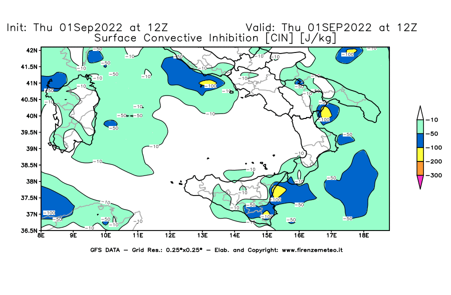 GFS analysi map - CIN [J/kg] in Southern Italy
									on 01/09/2022 12 <!--googleoff: index-->UTC<!--googleon: index-->