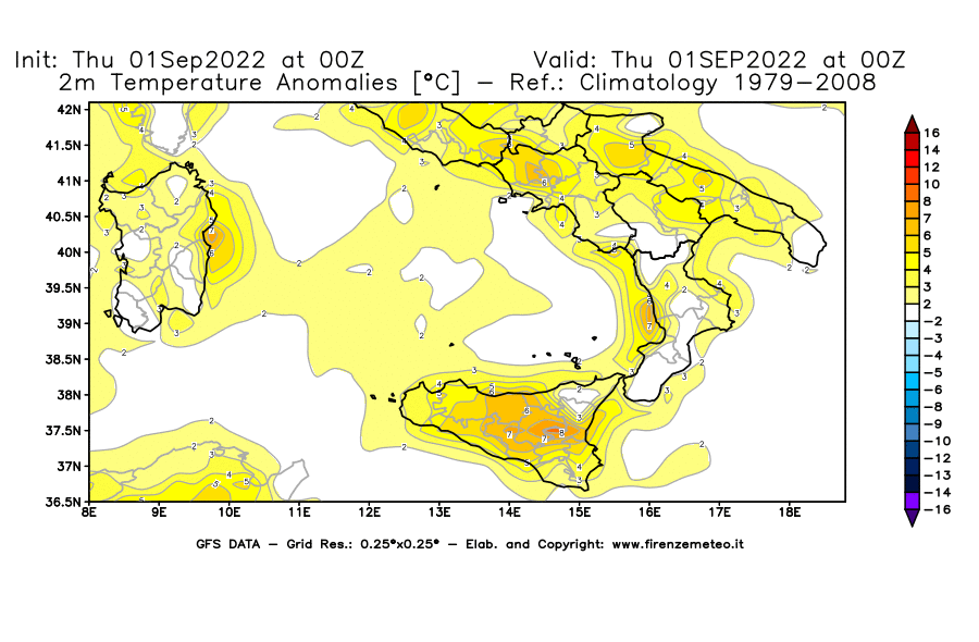 Mappa di analisi GFS - Anomalia Temperatura [°C] a 2 m in Sud-Italia
							del 01/09/2022 00 <!--googleoff: index-->UTC<!--googleon: index-->
