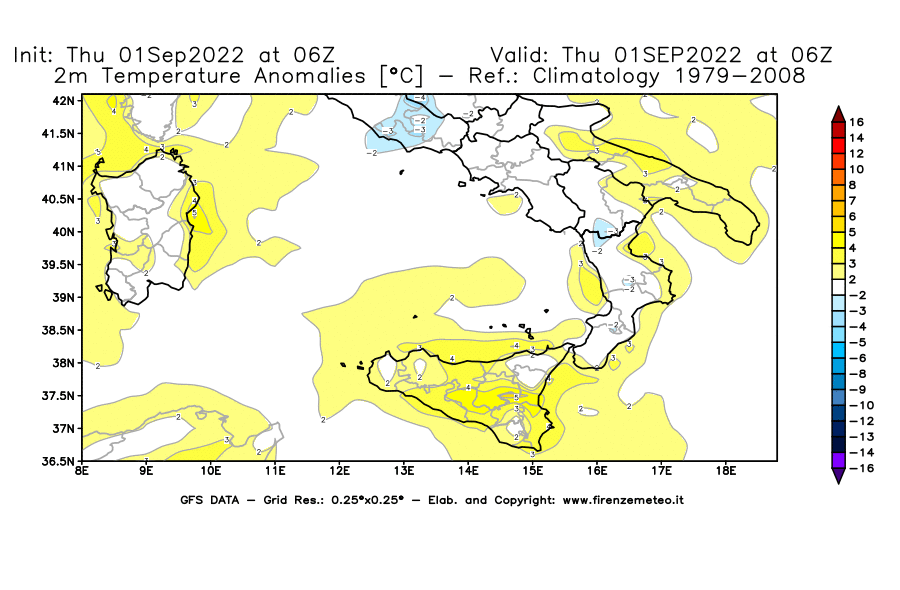 Mappa di analisi GFS - Anomalia Temperatura [°C] a 2 m in Sud-Italia
							del 01/09/2022 06 <!--googleoff: index-->UTC<!--googleon: index-->