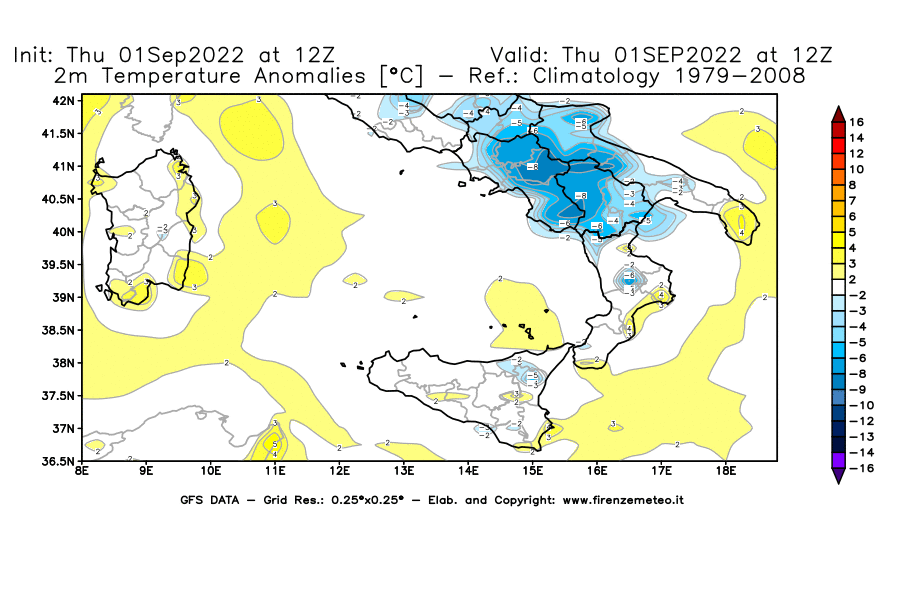 Mappa di analisi GFS - Anomalia Temperatura [°C] a 2 m in Sud-Italia
							del 01/09/2022 12 <!--googleoff: index-->UTC<!--googleon: index-->