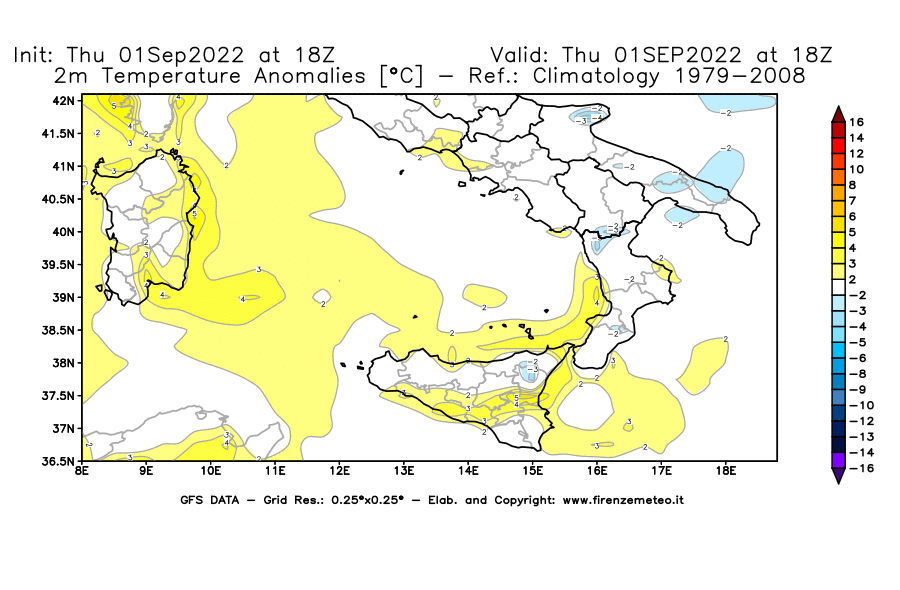 GFS analysi map - Temperature Anomalies [°C] at 2 m in Southern Italy
									on 01/09/2022 18 <!--googleoff: index-->UTC<!--googleon: index-->
