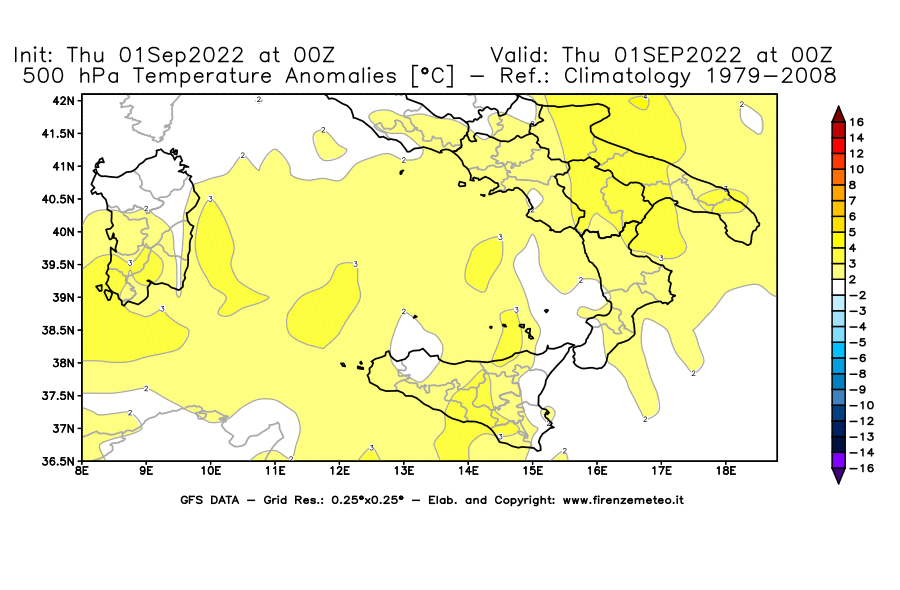Mappa di analisi GFS - Anomalia Temperatura [°C] a 500 hPa in Sud-Italia
							del 01/09/2022 00 <!--googleoff: index-->UTC<!--googleon: index-->