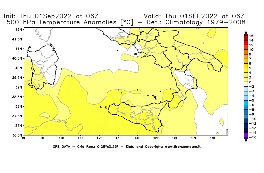 Mappa di analisi GFS - Anomalia Temperatura [°C] a 500 hPa in Sud-Italia
							del 01/09/2022 06 <!--googleoff: index-->UTC<!--googleon: index-->