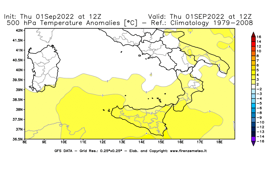 Mappa di analisi GFS - Anomalia Temperatura [°C] a 500 hPa in Sud-Italia
							del 01/09/2022 12 <!--googleoff: index-->UTC<!--googleon: index-->