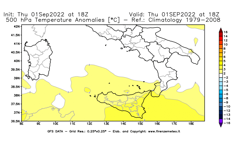 GFS analysi map - Temperature Anomalies [°C] at 500 hPa in Southern Italy
									on 01/09/2022 18 <!--googleoff: index-->UTC<!--googleon: index-->