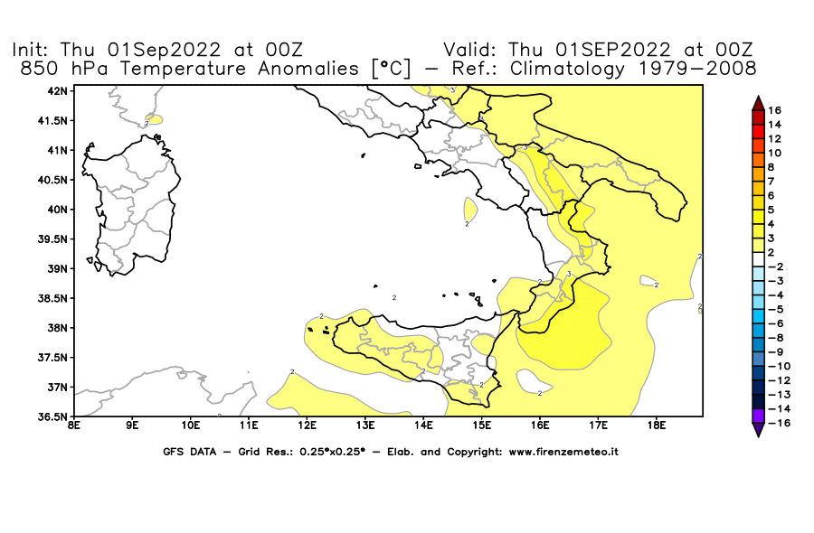 Mappa di analisi GFS - Anomalia Temperatura [°C] a 850 hPa in Sud-Italia
							del 01/09/2022 00 <!--googleoff: index-->UTC<!--googleon: index-->