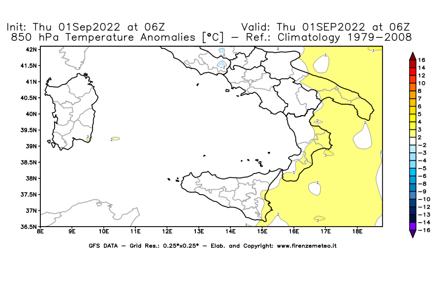 Mappa di analisi GFS - Anomalia Temperatura [°C] a 850 hPa in Sud-Italia
							del 01/09/2022 06 <!--googleoff: index-->UTC<!--googleon: index-->