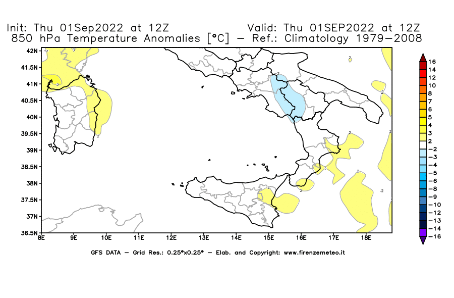 GFS analysi map - Temperature Anomalies [°C] at 850 hPa in Southern Italy
									on 01/09/2022 12 <!--googleoff: index-->UTC<!--googleon: index-->