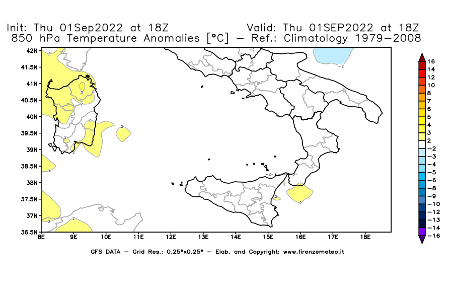 GFS analysi map - Temperature Anomalies [°C] at 850 hPa in Southern Italy
									on 01/09/2022 18 <!--googleoff: index-->UTC<!--googleon: index-->