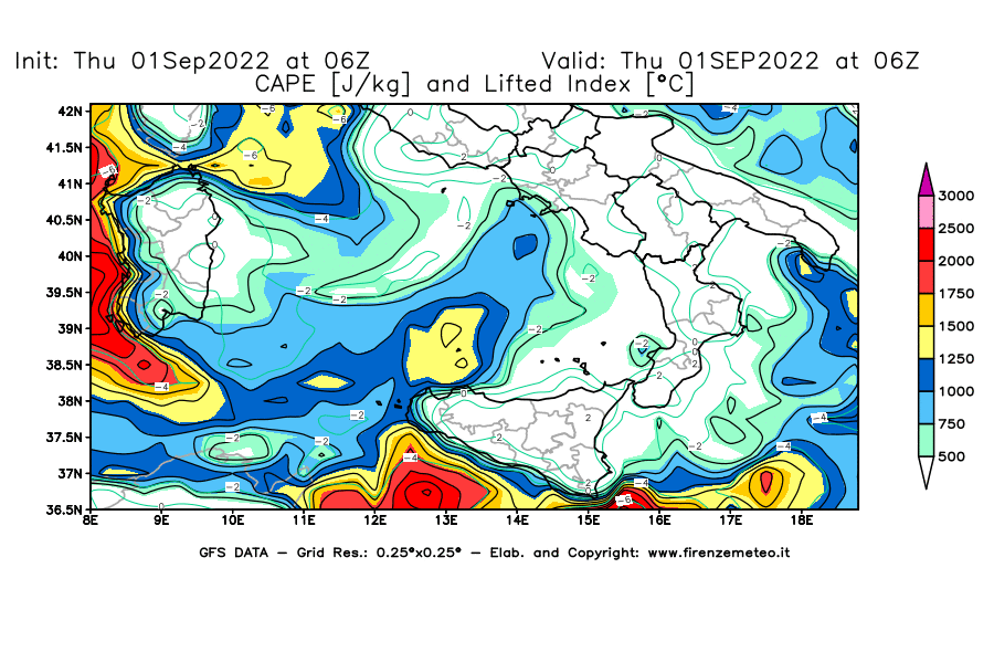 GFS analysi map - CAPE [J/kg] and Lifted Index [°C] in Southern Italy
									on 01/09/2022 06 <!--googleoff: index-->UTC<!--googleon: index-->