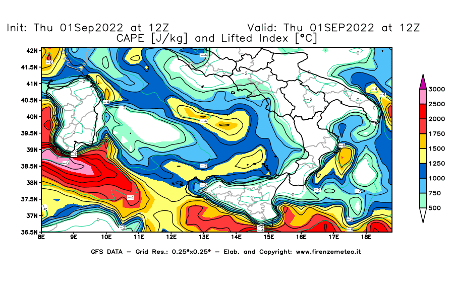 GFS analysi map - CAPE [J/kg] and Lifted Index [°C] in Southern Italy
									on 01/09/2022 12 <!--googleoff: index-->UTC<!--googleon: index-->