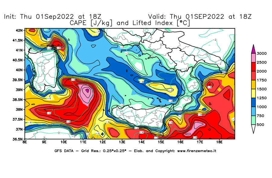 Mappa di analisi GFS - CAPE [J/kg] e Lifted Index [°C] in Sud-Italia
							del 01/09/2022 18 <!--googleoff: index-->UTC<!--googleon: index-->