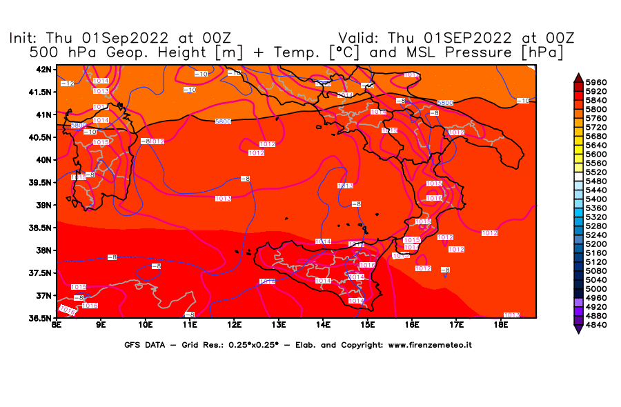 Mappa di analisi GFS - Geopotenziale [m] + Temp. [°C] a 500 hPa + Press. a livello del mare [hPa] in Sud-Italia
							del 01/09/2022 00 <!--googleoff: index-->UTC<!--googleon: index-->