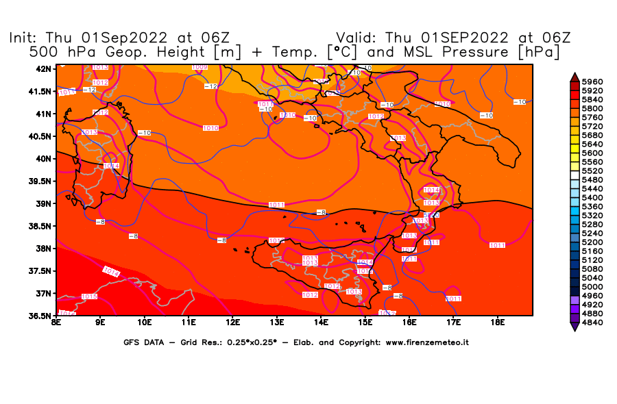 Mappa di analisi GFS - Geopotenziale [m] + Temp. [°C] a 500 hPa + Press. a livello del mare [hPa] in Sud-Italia
							del 01/09/2022 06 <!--googleoff: index-->UTC<!--googleon: index-->