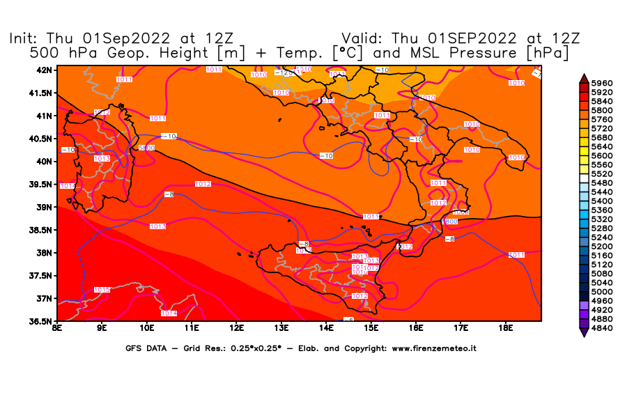 Mappa di analisi GFS - Geopotenziale [m] + Temp. [°C] a 500 hPa + Press. a livello del mare [hPa] in Sud-Italia
							del 01/09/2022 12 <!--googleoff: index-->UTC<!--googleon: index-->