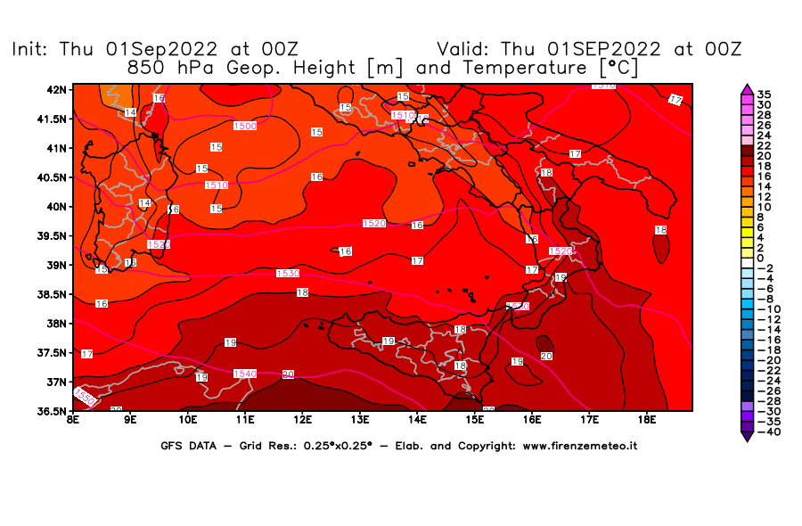 Mappa di analisi GFS - Geopotenziale [m] e Temperatura [°C] a 850 hPa in Sud-Italia
							del 01/09/2022 00 <!--googleoff: index-->UTC<!--googleon: index-->