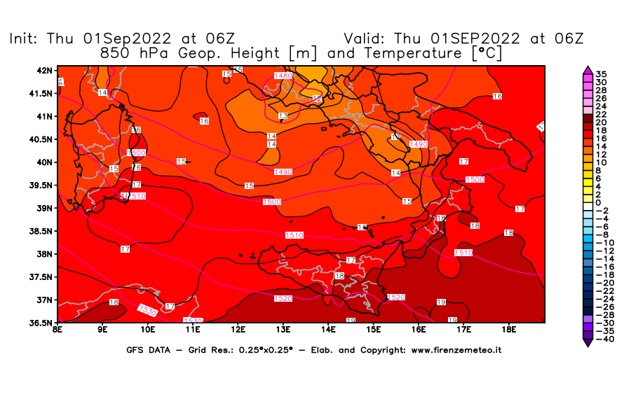 Mappa di analisi GFS - Geopotenziale [m] e Temperatura [°C] a 850 hPa in Sud-Italia
							del 01/09/2022 06 <!--googleoff: index-->UTC<!--googleon: index-->