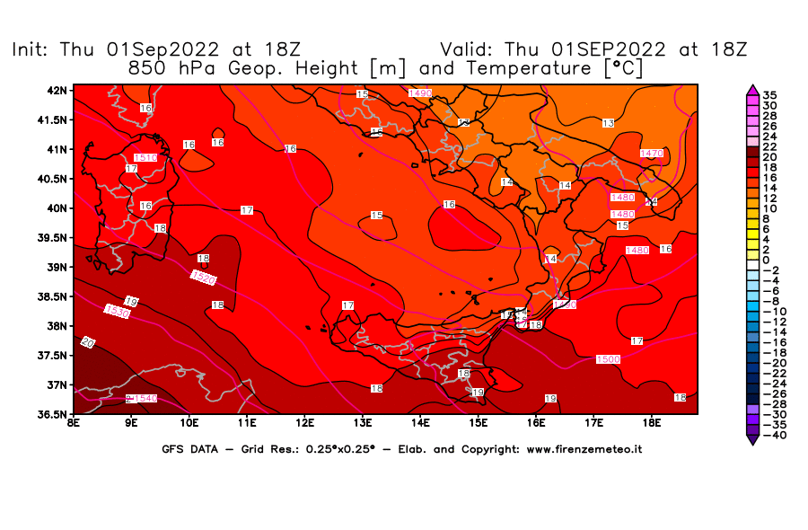 Mappa di analisi GFS - Geopotenziale [m] e Temperatura [°C] a 850 hPa in Sud-Italia
							del 01/09/2022 18 <!--googleoff: index-->UTC<!--googleon: index-->