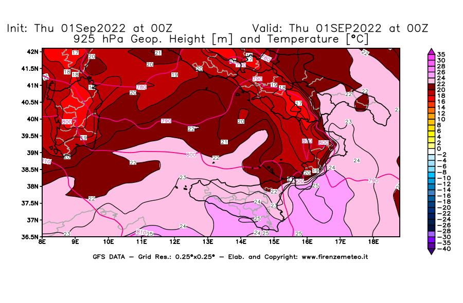 GFS analysi map - Geopotential [m] and Temperature [°C] at 925 hPa in Southern Italy
									on 01/09/2022 00 <!--googleoff: index-->UTC<!--googleon: index-->