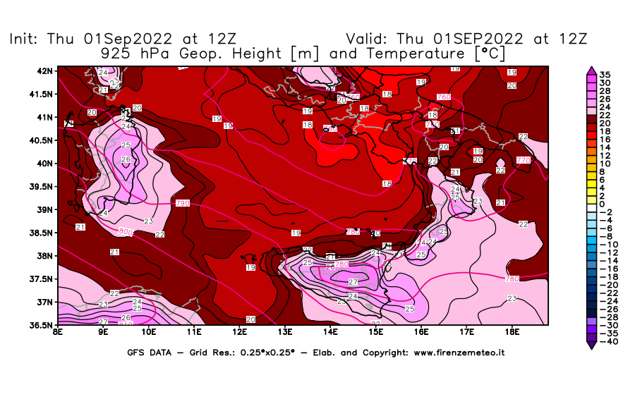Mappa di analisi GFS - Geopotenziale [m] e Temperatura [°C] a 925 hPa in Sud-Italia
							del 01/09/2022 12 <!--googleoff: index-->UTC<!--googleon: index-->