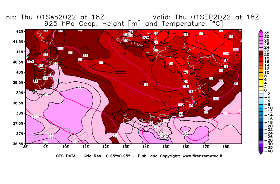 Mappa di analisi GFS - Geopotenziale [m] e Temperatura [°C] a 925 hPa in Sud-Italia
							del 01/09/2022 18 <!--googleoff: index-->UTC<!--googleon: index-->