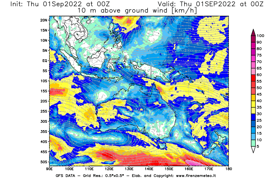 GFS analysi map - Wind Speed at 10 m above ground [km/h] in Oceania
									on 01/09/2022 00 <!--googleoff: index-->UTC<!--googleon: index-->