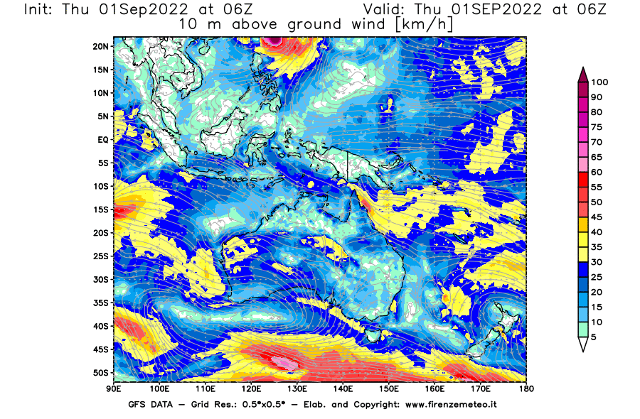 GFS analysi map - Wind Speed at 10 m above ground [km/h] in Oceania
									on 01/09/2022 06 <!--googleoff: index-->UTC<!--googleon: index-->