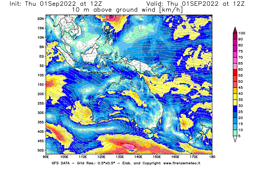 GFS analysi map - Wind Speed at 10 m above ground [km/h] in Oceania
									on 01/09/2022 12 <!--googleoff: index-->UTC<!--googleon: index-->