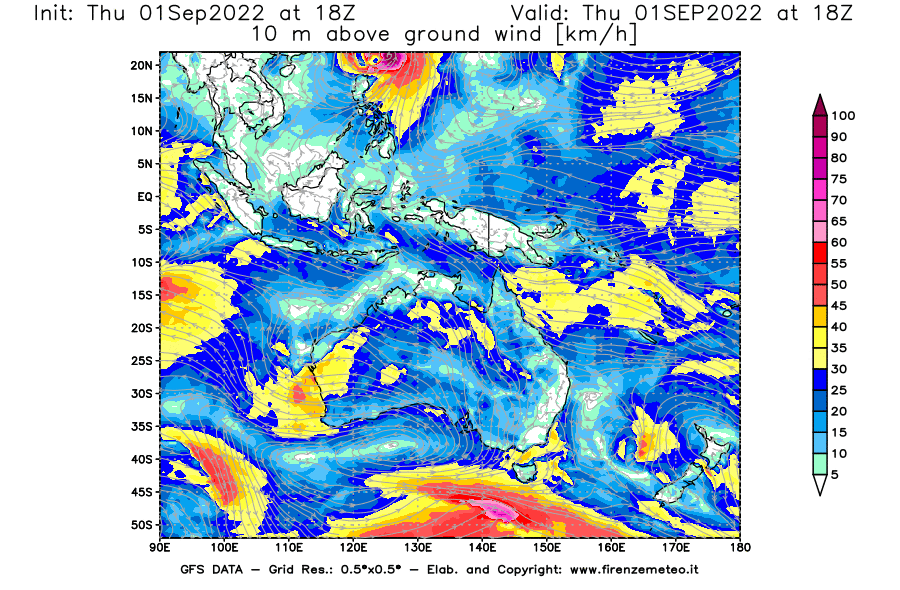 GFS analysi map - Wind Speed at 10 m above ground [km/h] in Oceania
									on 01/09/2022 18 <!--googleoff: index-->UTC<!--googleon: index-->