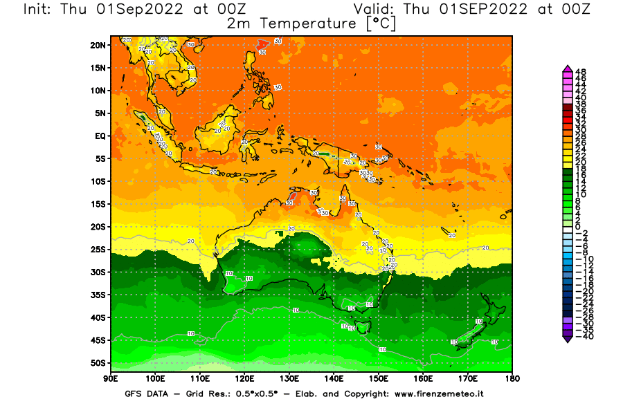 Mappa di analisi GFS - Temperatura a 2 metri dal suolo [°C] in Oceania
							del 01/09/2022 00 <!--googleoff: index-->UTC<!--googleon: index-->
