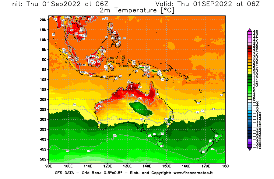 Mappa di analisi GFS - Temperatura a 2 metri dal suolo [°C] in Oceania
							del 01/09/2022 06 <!--googleoff: index-->UTC<!--googleon: index-->
